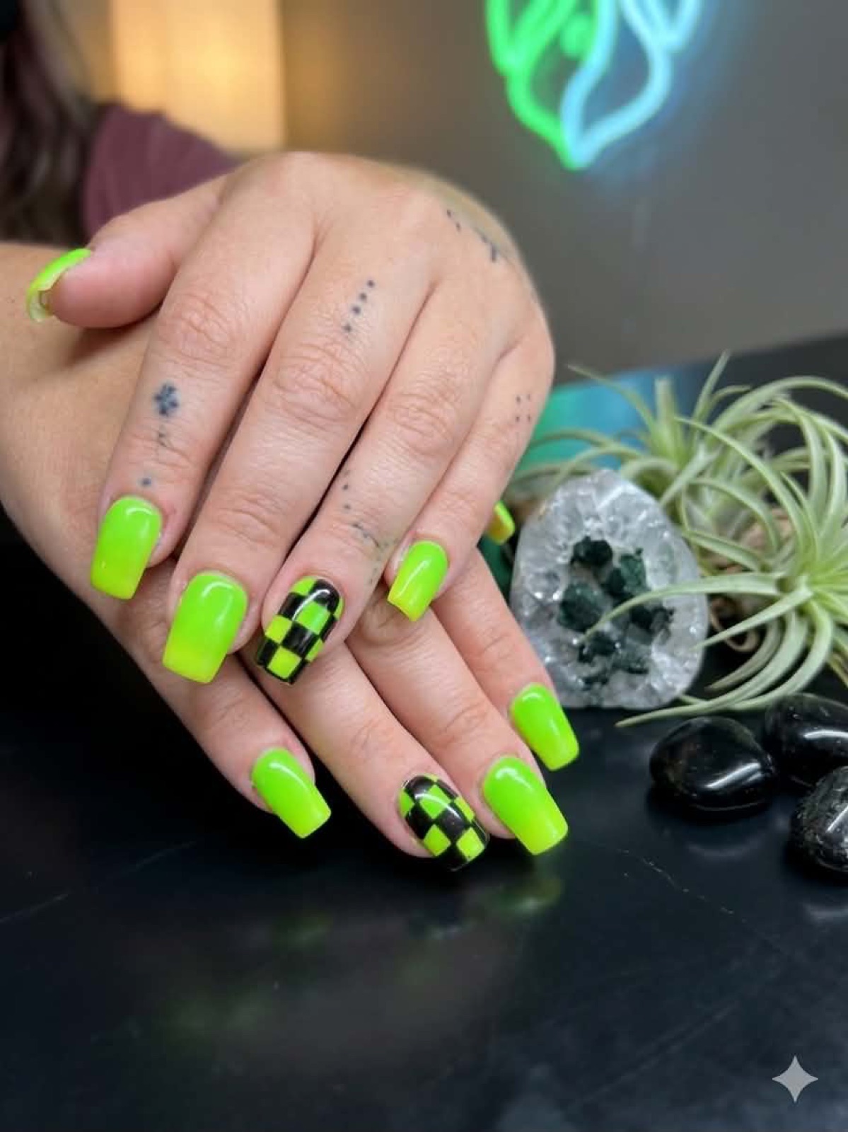 Neon green and black checkerboard nail art by Kayla Page