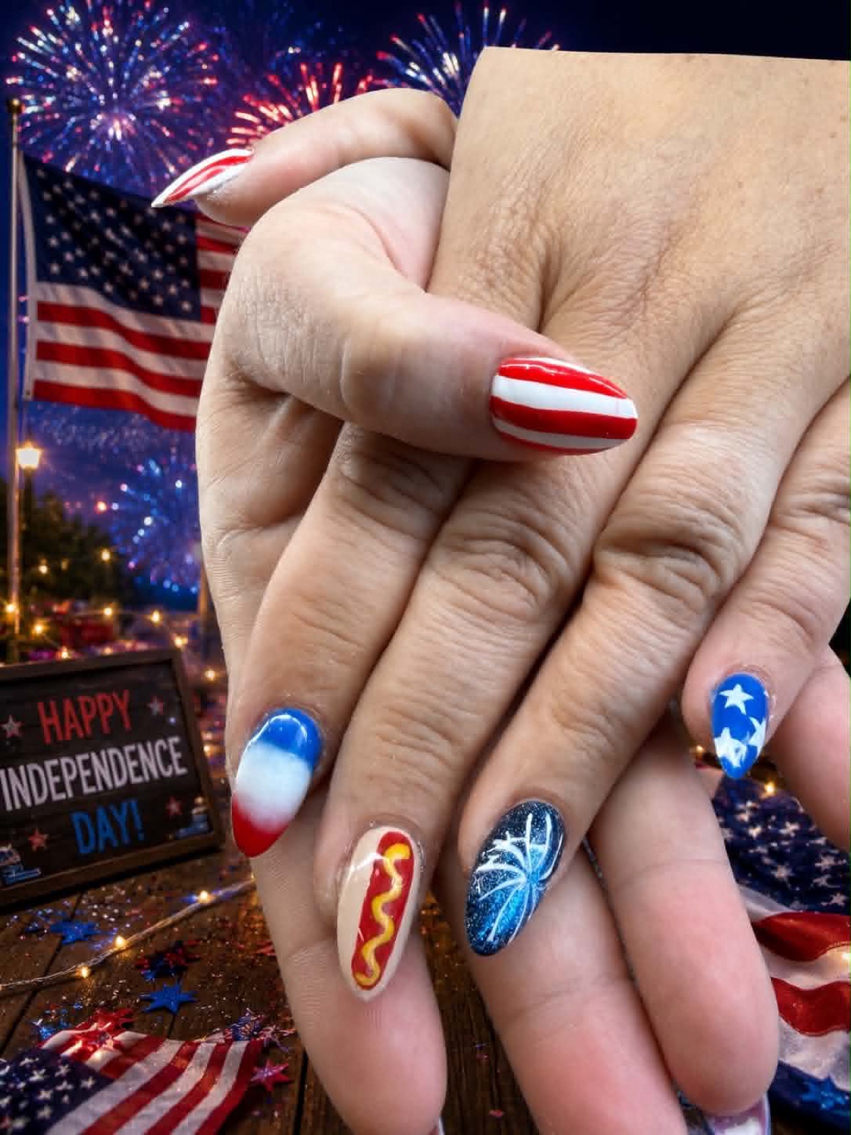 Red, white, and blue patriotic nail art by Kayla Page