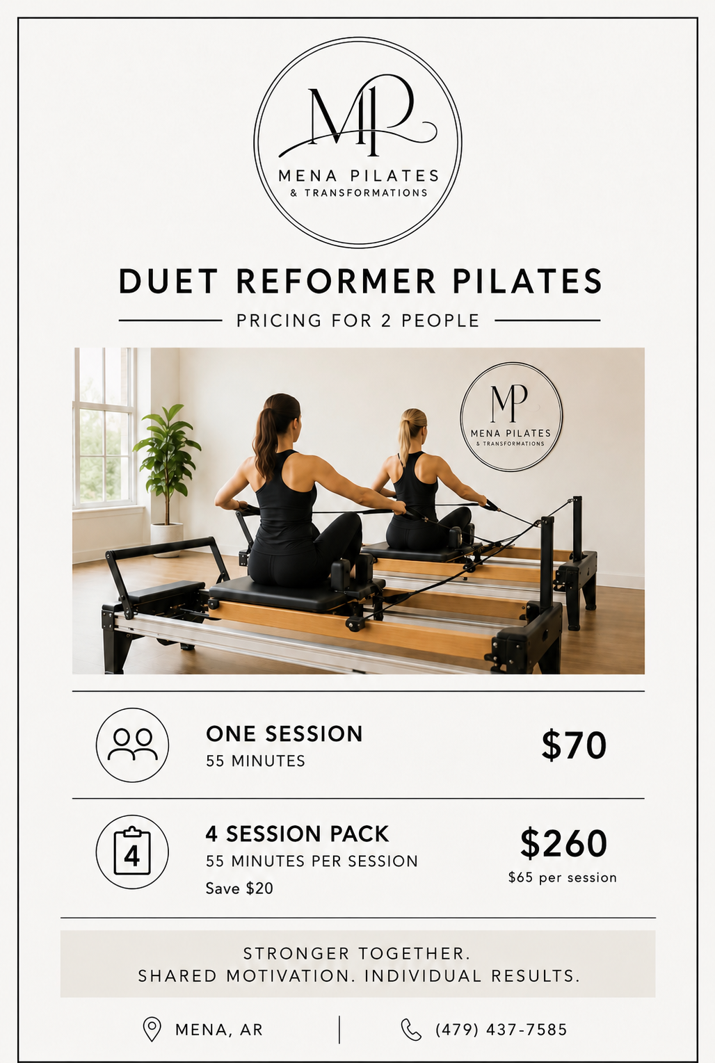 Mena Pilates duet Reformer Pilates pricing for two people